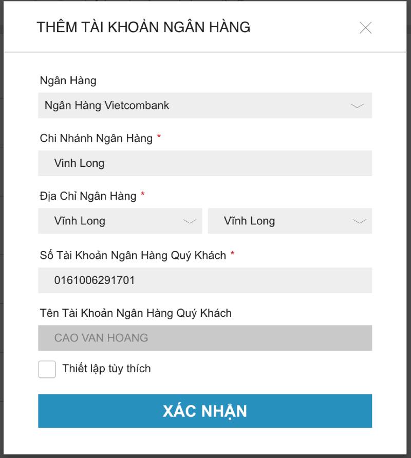 Bước 1: Liên kết tài khoản ngân hàng