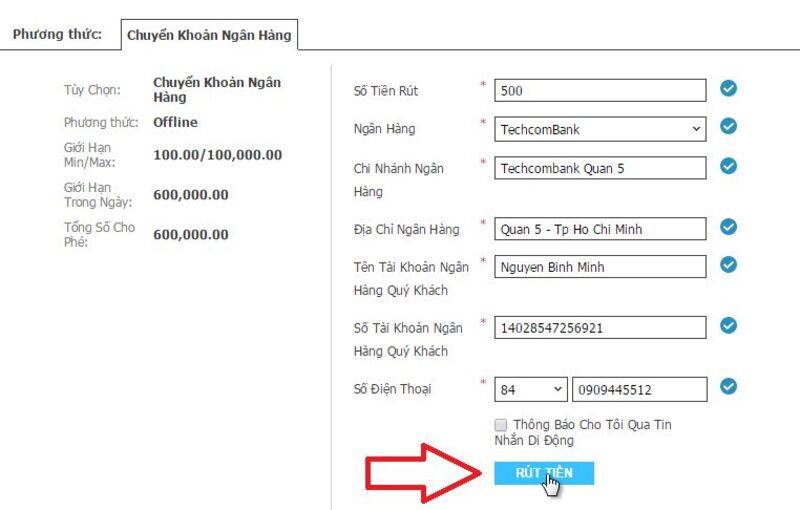 Bước 3: Chọn tài khoản ngân hàng và nhập số tiền